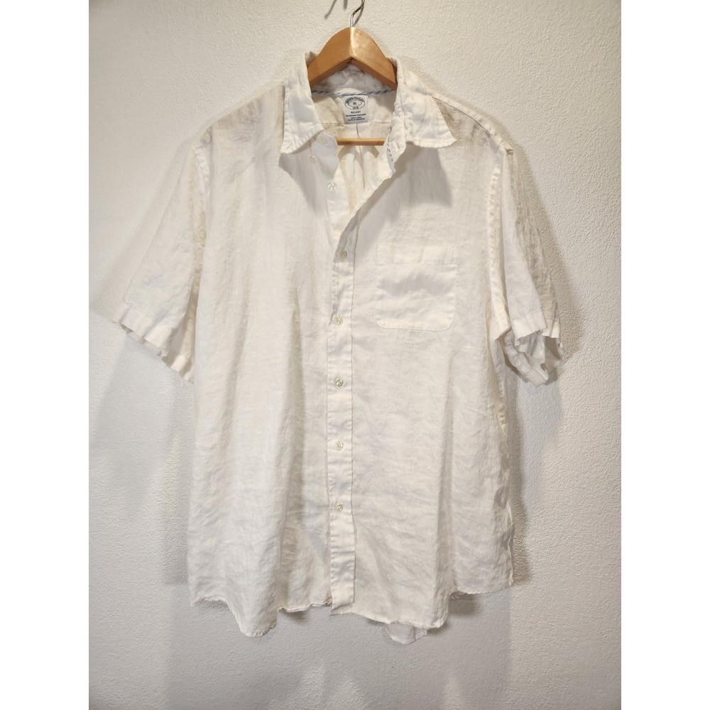 Brooks Brothers Regent 100% Linen Short Sleeve Button Down Shirt White Mens XL